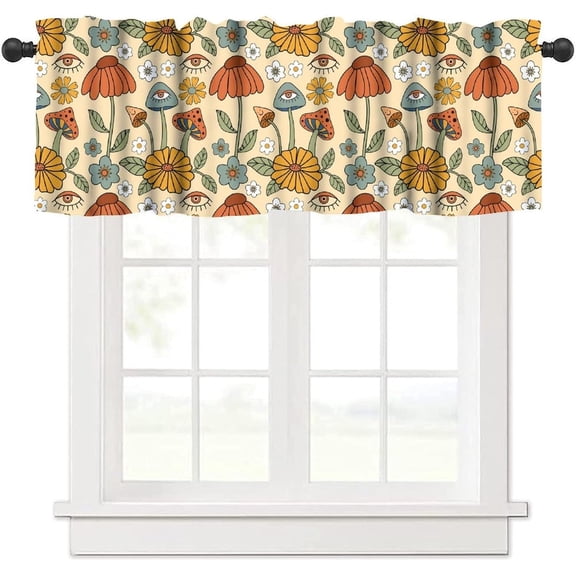 Colorful Floral Valances Curtains,Retro 70s Flower Mushroom Botanical Theme Rod Pocket Small Valance Treatments for Kitchen Living Room Bedroom Bathroom Cafe,54" x 18"