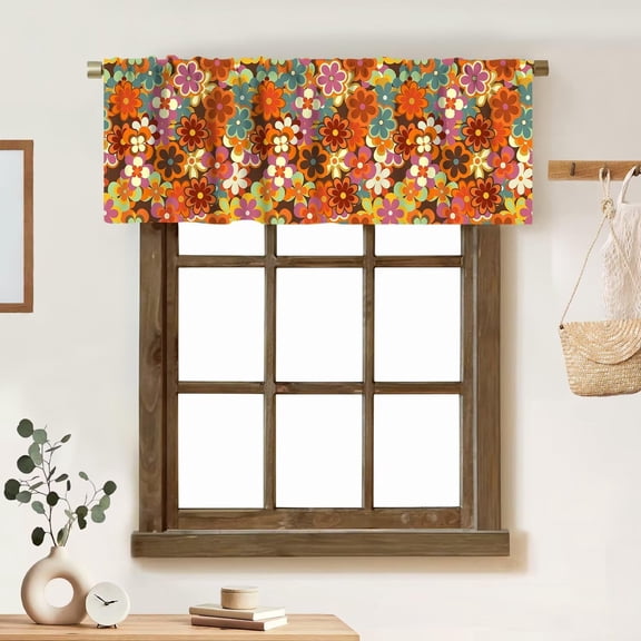 Colorful Floral Valances Curtains Retro 70s Style Flower Nostalgic Fashion Summer Resort Windows Short Curtain Valance for Kitchen Bedroom Bathroom Decor with Rod Pocket, One Panel 54X18 Inches