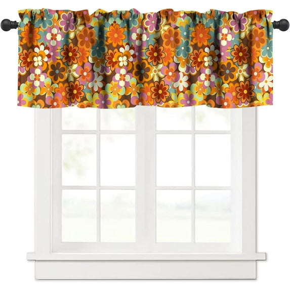 Colorful Floral Valances Curtains Retro 70s Style Flower Nostalgic Fashion Summer Resort Windows Short Curtain Valance for Kitchen Bedroom Bathroom Decor with Rod Pocket, One Panel 54X18 Inches