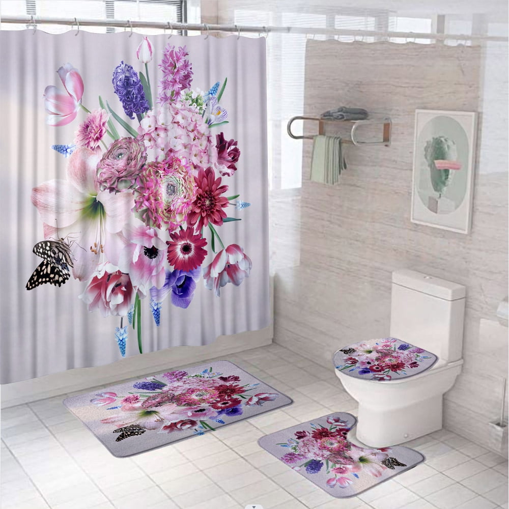 Colorful Floral Watercolor Flower Shower Curtain Set Bathroom Screen ...