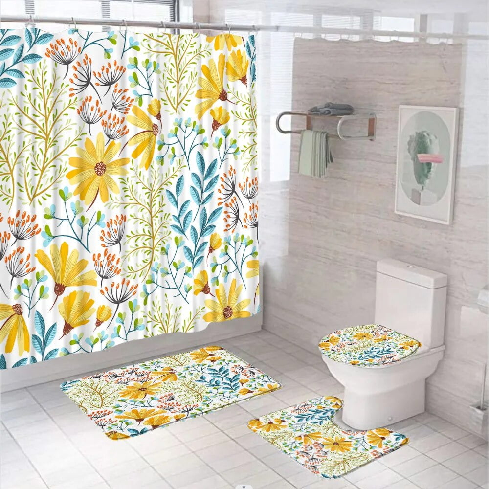 Colorful Floral Watercolor Flower Shower Curtain Set Bathroom Screen