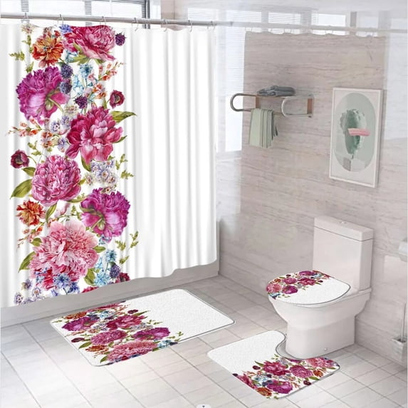 Colorful Floral Watercolor Flower Shower Curtain Set Bathroom Screen Butterfly Wildflower Plant Bath Mat Toilet Cover Carpet Rug