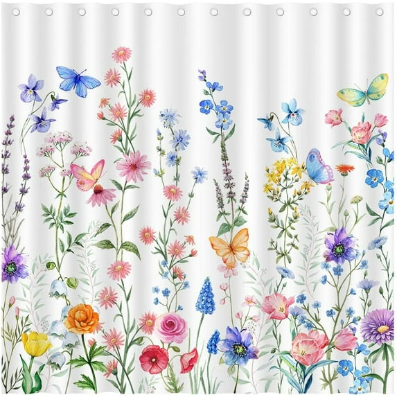 Colorful Floral Watercolor Flower Shower Curtain Set, Butterfly Wildflower Plant Waterproof Polyester Shower Curtains with 12 Hooks for Bathroom, Washable Bathroom Accessories Bathtub Decor 72" x 72"