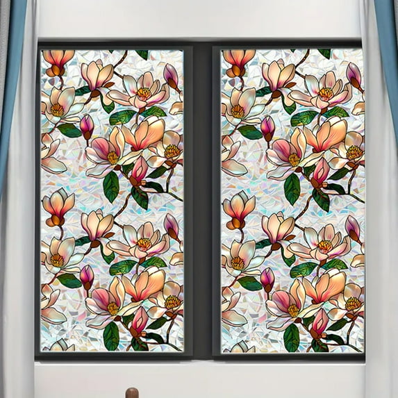 Colorful Floral Window Film - Decorative Rainbow Static Cling Removable Decal for Glass | Stylish Privacy Overlay with Botanical Designs