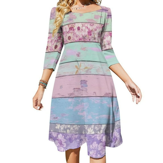 Colorful Floral Wood Texture-1 Flare Dress Square Neck Dress Elegant Female Fashion Printed Dress