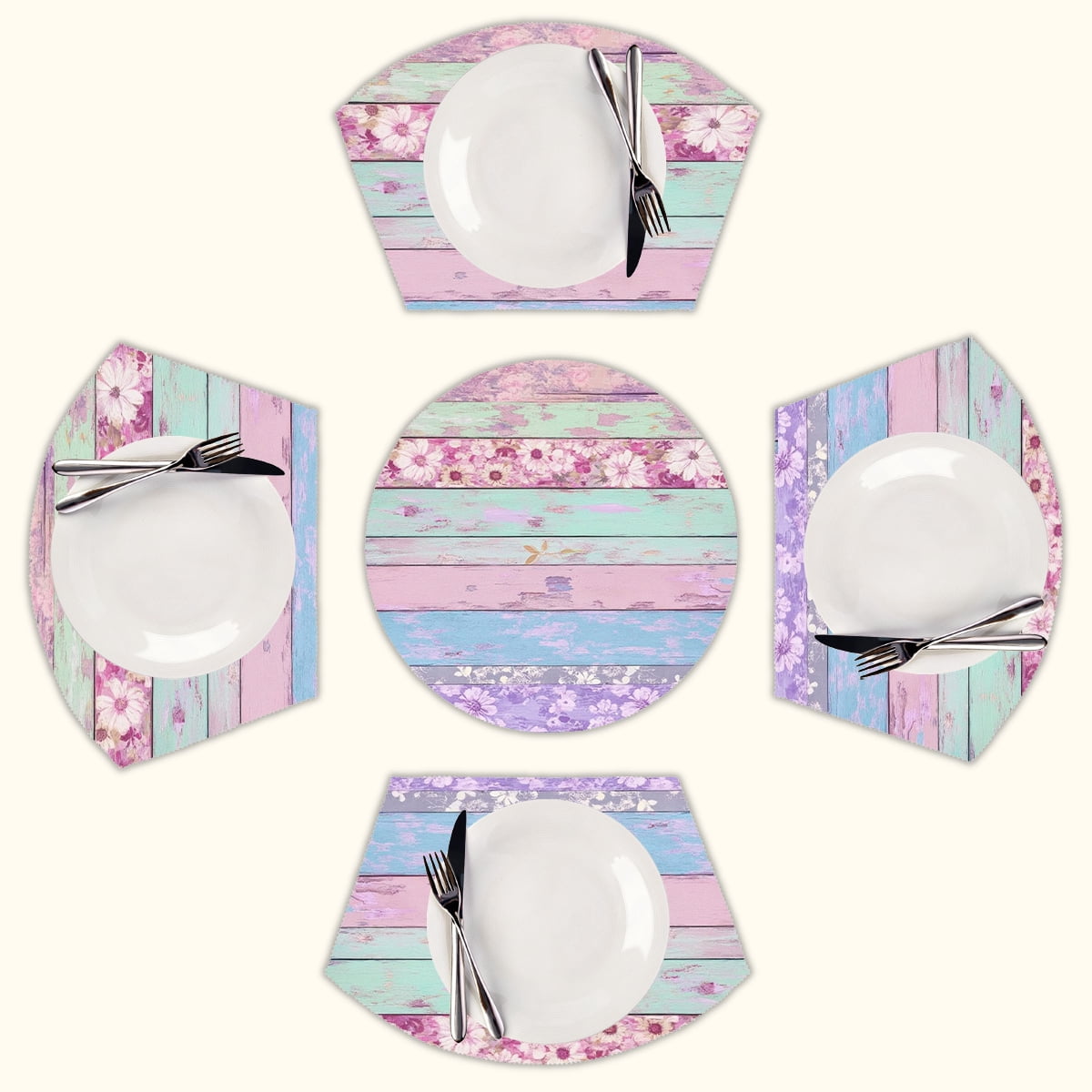 Colorful Floral Wood Texture Round Table Placemats Set Of 5 Wedge Table ...
