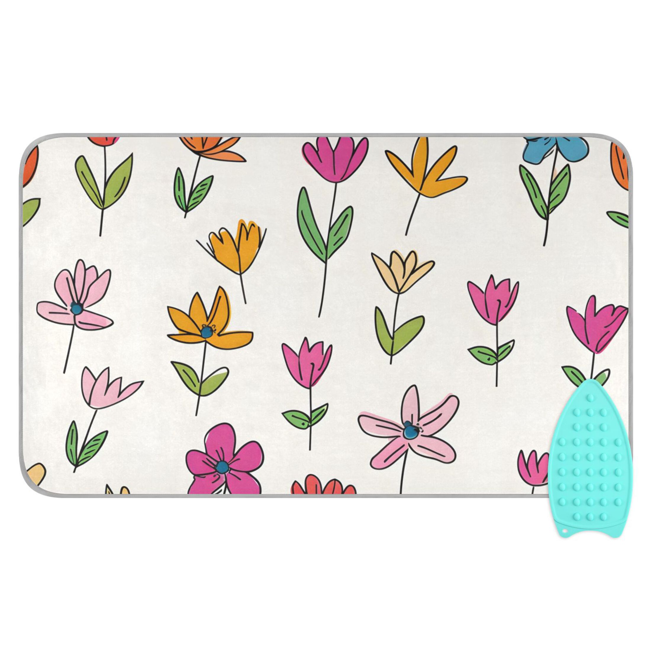 Colorful Florals Cartoon Doodle Style Ironing Mat Blanket Portable Travel Ironing Pad Heat Resistant Pad 47.2" x 27.6”