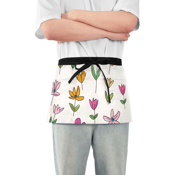 Colorful Florals Cartoon Doodle Style Short Server Apron with 3 Pockets for Unisex Chef Gardening