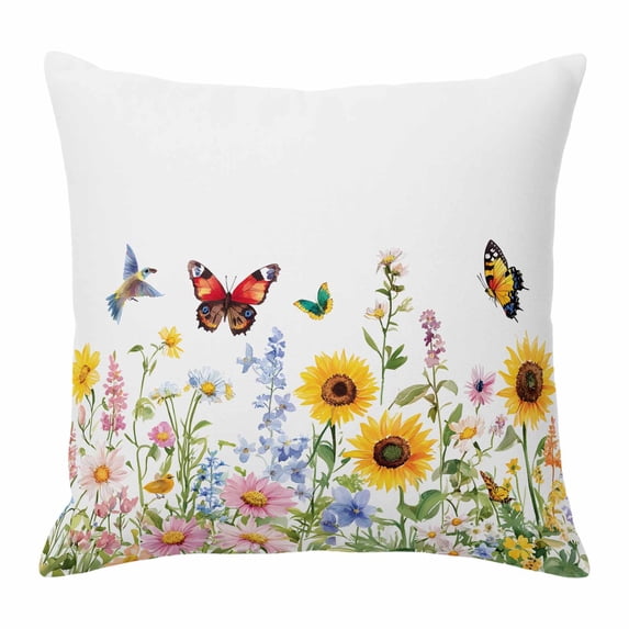 Colorful Florals Throw Pillow Cover Sunflower Daisy Butterfly Farm Botanical Cotton Linen Cushion Cover Throw Pillow Case with Invisible Zipper for Couch Sofa Bed Chair Car 24x24 Inch