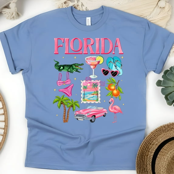 Colorful Florida Travel Shirt – Flamingo, Palm, and Margarita Beach Tee , CarolinaBlue, Size 3XL