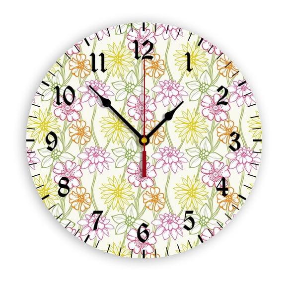 Colorful Flourishing Spring Flowers Wall Clock, Battery Operated, PVC Round Silent Non-Ticking Clock with Clear Numbers for Living Room, Kitchen, Bedroom, Office, School Decor 10inch-25cm