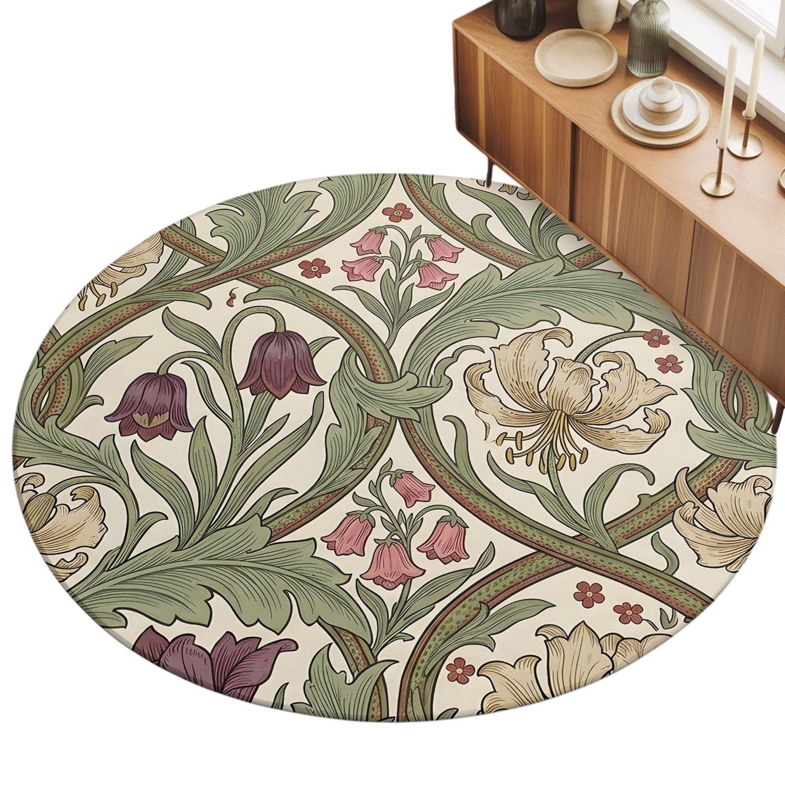 Colorful Flower Area Rugs 3' (Round) William Morris Abstract Boho Plant ...