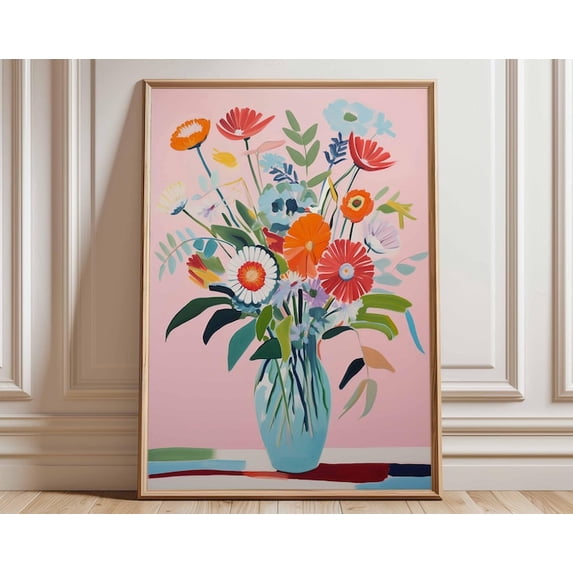 Colorful Flower Bouquet Bright Vase Pink Background Wall Art Print, Unframed Paper Poster 16x20in