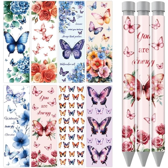 Colorful Flower Butterfly UV DTF Pen Wraps Transfer Sticker 48 Sheets Vintage Butterfly Waterproof HD Print UV DTF Pen Adhesive Decals Personalized DIY Rub on Transfer Decals for DIY Pencil Crafts