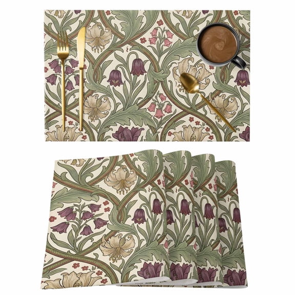 Colorful Flower Cotton Linen Placemats Set of 1, William Morris Abstract Boho Plant Floral Green Herbs Washable Table Place Mats Heat Insulating Placemat for Dining Room Kitchen 13 x 19 Inch