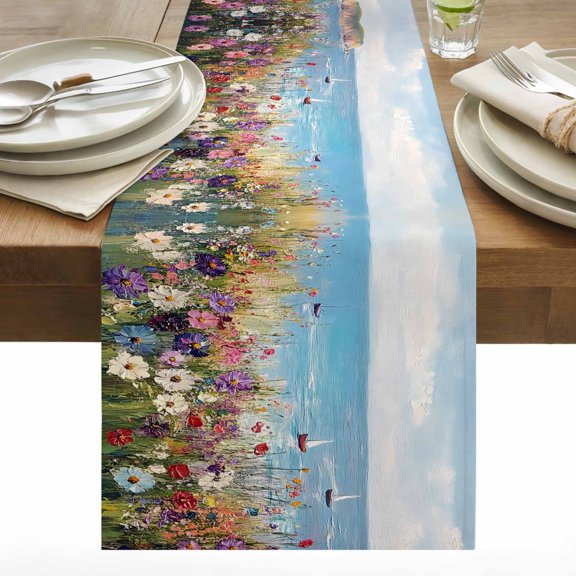 Colorful Flower Cotton Linen Table Runner Purple Floral Spring Vine Oil Painting Style Botanical Dining Table Runners for Home Decor Party Dining Room Restaurant Kitchen 13" x 36"