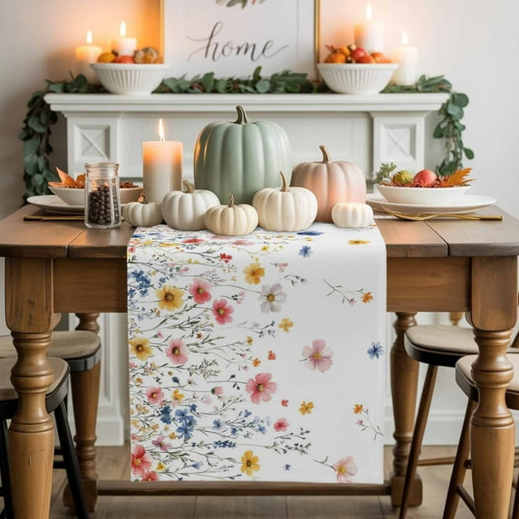 Colorful Flower Cotton Linen Table Runner, Washable Table Runners for Kitchen, Dining Room, Holiday, Home Party Table Decor, 13x108 Inches