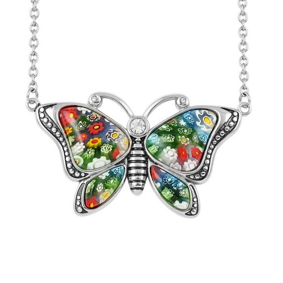 Colorful Flower Dainty Butterfly Necklace for Women Murano Style Millefiori Glass Cute Aesthetic Beach Jewelry Friendship Women for Friend Mom 20" Birthday Christmas Gifts
