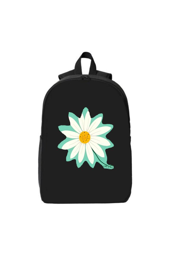 Colorful Flower Design Laptop Backpack - Fits 15 " Laptop & iPad Cheerful Black Bag with White Petals & Green Stem Perfect for School & Travel