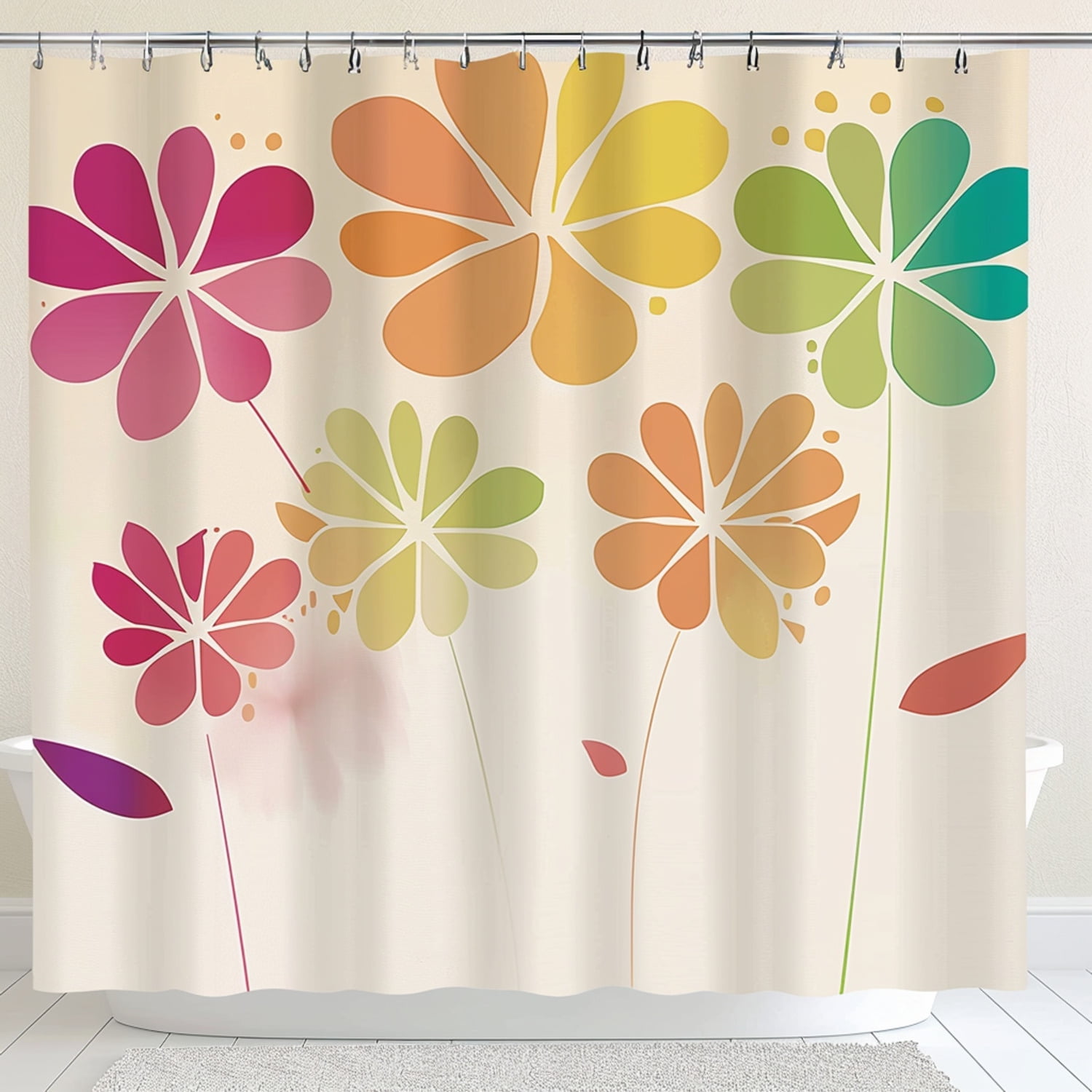 Colorful Flower Design on Beige Shower Curtain Retro Style Bathroom