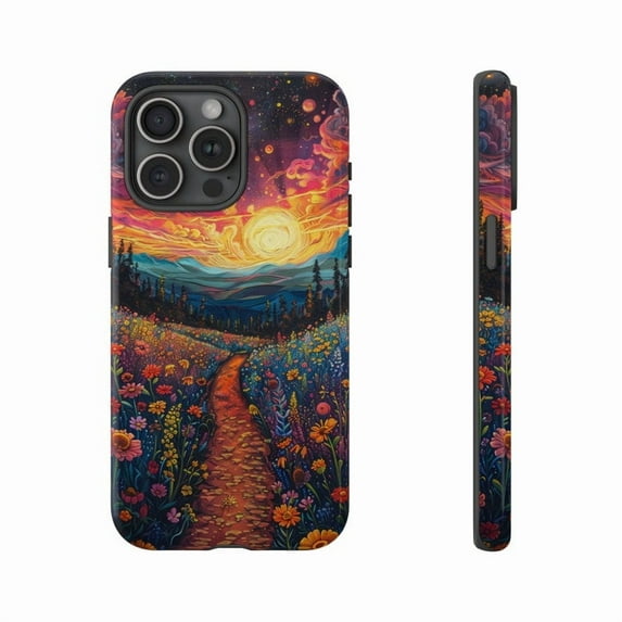 Colorful Flower Field Sunset Sky Artwork iPhone Case Scenic Art with iPhone 17 to 11 Pro Max