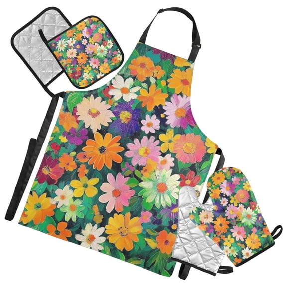 Colorful Flower Garden Oven Mitts and Pot Holders with Chef Apron Set 5 Pcs Kitchen Cooking Set