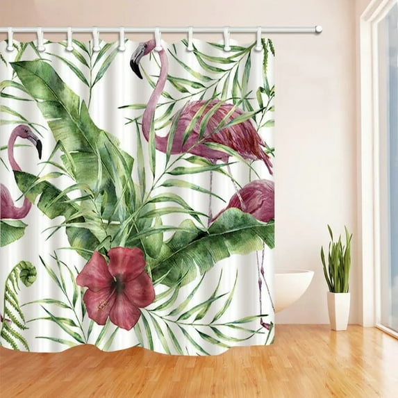 Colorful Flower Green Plants Palm Bathroom Curtain Waterproof Polyester Shower Curtain Bath Curtain for Bathroom with