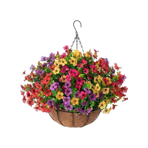 Colorful Flower Iron Frame Coconuts Palm Hanging Basket - Color Flower Hanging Basket Artificial Flower Decoration Pastorals Style