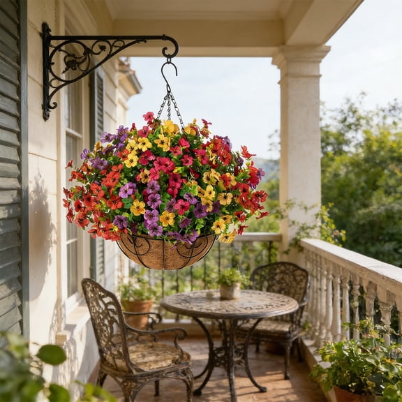 Colorful Flower Iron Frame Hanging Basket, Coconut Coir Lined Bonsaier, Pastoral Style Artificial Flower Decor, Wall Hanging Basket for Garden, Balcony and Home Decoration, 12*10in, Multicolor