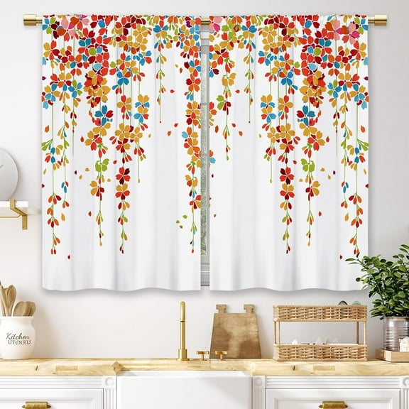 Colorful Flower Kitchen Curtains Floral Weeping Cherry Blossom Small Short Cafe Window Curtains Spring Blush Vine Rod Pocket Bathroom Drapes Treatment Tier Curtains 2 Panels (27.5x39 Inch)