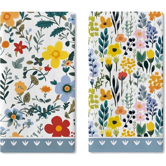 Colorful Flower Kitchen Dish Towels Set of 2, Floral Botanical Pastoral Drying Hand Towel Baking Cooking Cloth, Spring Summer Bathroom Home Decoration 18'' x 26''