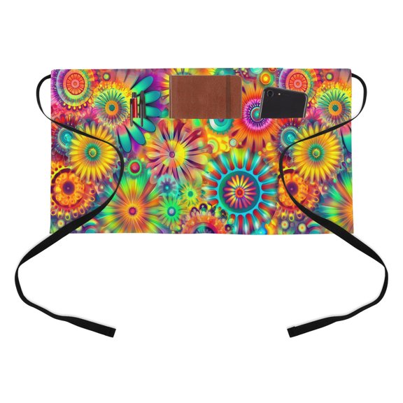 Colorful Flower Kitchen Restaurant Half Waist Apron, Vintage Green Red Yellow Sunburst Floral Petals Server Short Apron with 3 Pockets Waterproof Oil Waist Aprons for Women Waitress Waiter