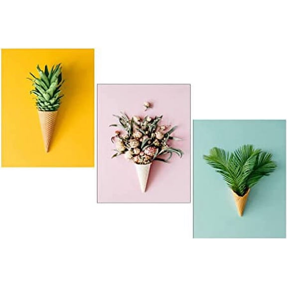 Colorful Flower & Leaf In Cone/Pot Picture UV Textured Self Adhesive Painting (Approx. 36 x 26 x 3 Cm, Pack of 3) (NOTE: IT IS A 2D PRINTED PICTURE, NO CONES/FLOWERS ARE INCLUDED)