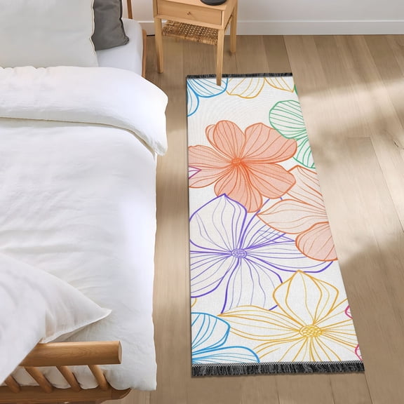 Colorful Flower Line Painting Bedside Runner Rug 2'x 6' Non Slip Carpet Floor Mat Area Rug