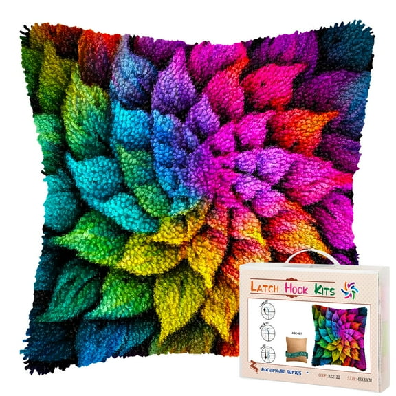 Colorful Flower Mandala Pattern DIY Latch Hook Pillow Kits for Adults Printed Pillowcase Crochet Yarns Hooking Handmade Pillow Cover Cushion for Home Sofa Decoration 17x17inch(9)