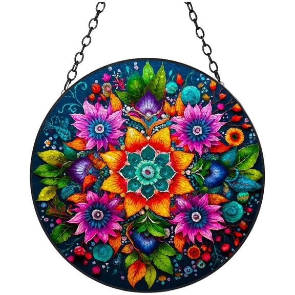 Colorful Flower Mandala Pattern Stained Glass Suncatcher Handmade Window Hanging Colored Glass Suncatcher Crafts Kits for Indoor Garden Decor Memorial Gift 16x16cm(3)