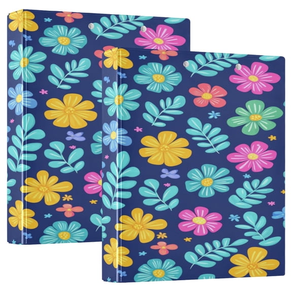 Colorful Flower Pattern 12.4x10.6in PVC Round Ring Binders, 2-Pack, D-Ring 3-Hole, Metal Clip