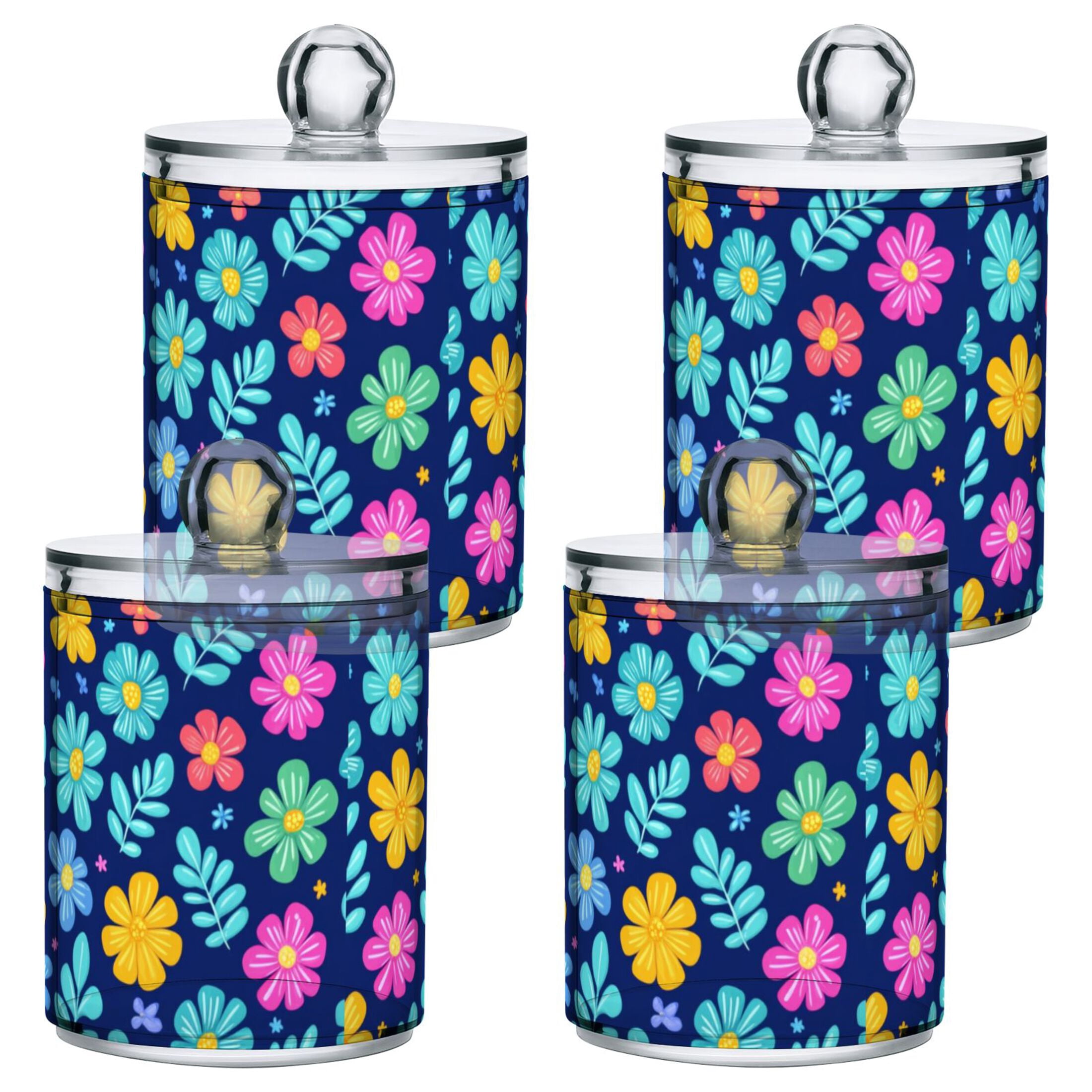 Colorful Flower Pattern Bathroom Canisters Set of 4 Translucent Plastic ...