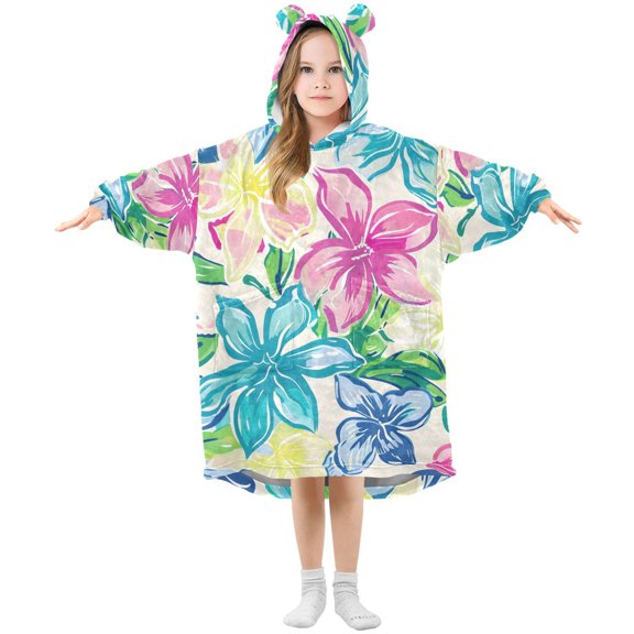 Colorful Flower Pattern Flannel Wearable Blankets Hooded Design Long Sleeves Wrap Unisex for 3T-14Y S
