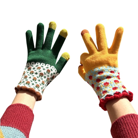 Colorful Flower Pattern Knitted Gloves For Winter Warmth Adult Teens Gloves for Outdoor Activity Cycling Daily Commute