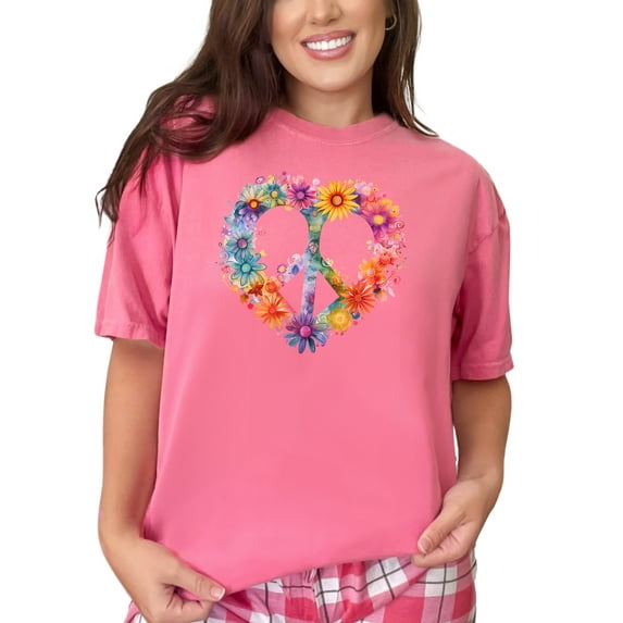 Colorful Flower Peace Sign T-Shirt, Vibrant Floral Heart Tee, Boho Hippie Shirt, Summer Festival Top, Artistic Graphic Print, Crunchberry Comfort Colors T-Shirt, 3XL