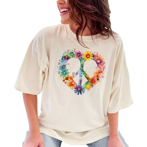Colorful Flower Peace Sign T-Shirt, Vibrant Floral Heart Tee, Boho Hippie Shirt, Summer Festival Top, Artistic Graphic Print, Ivory Comfort Colors T-Shirt, XL