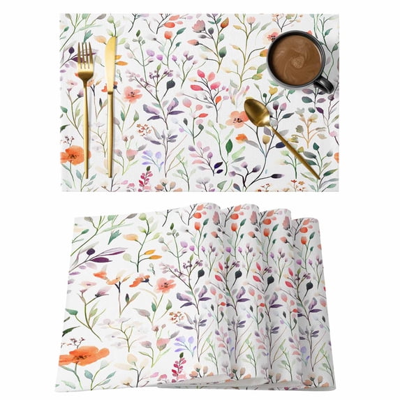 Colorful Flower Placemats Set of 4, Watercolor Floral Plant Rustic Botanical Farmhouse Non-Slip Place Mats Washable Table Mats for Kitchen Dining Table Decorations Indoor/Outdoor