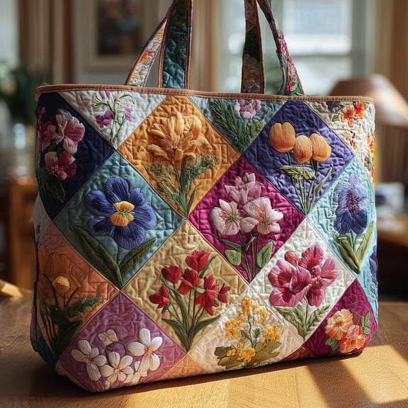 Colorful Flower Quilted Tote Bag, Patchwork Garden Pattern Shoulder Tote, Everyday Market Bag