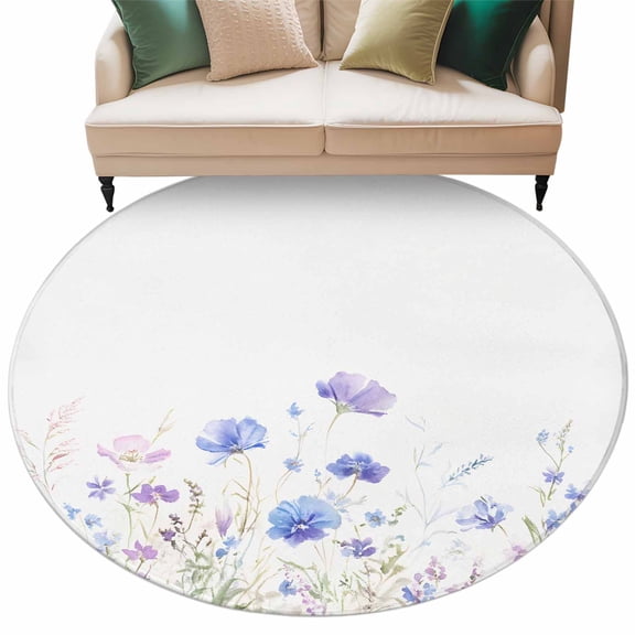 Colorful Flower Round Area&nbsp;Rug 8ft Spring Purple Lavender Floral Pastoral Watercolor Non-Slip&nbsp;Washable Circle Rugs Soft Felt Indoor Floor Mat for Bedroom Kitchen Living Room Bathroom