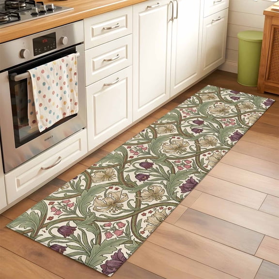 Colorful Flower Runner Rug for Hallway 2x6ft, William Morris Abstract Boho Plant Floral Green Herbs Non Slip Floor Mat Washable Low-Profile Indoor Carpet for Living Room, Bedroom, Dining Room