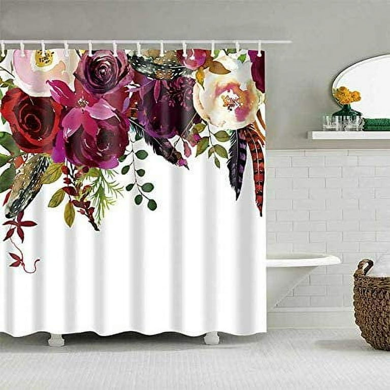 Colorful Flower Shower Curtain with 12 Hooks Rose Floral