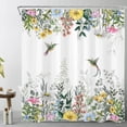 thumbnail image 1 of Colorful Flower Shower Curtain for Bathroom,Watercolor Wildflower Green Leaves Plant and Hummingbird on White Fabric Shower Curtain with Hooks,Rustic Nature Bathroom Curtain Shower Set, 72x72 inches, 1 of 6