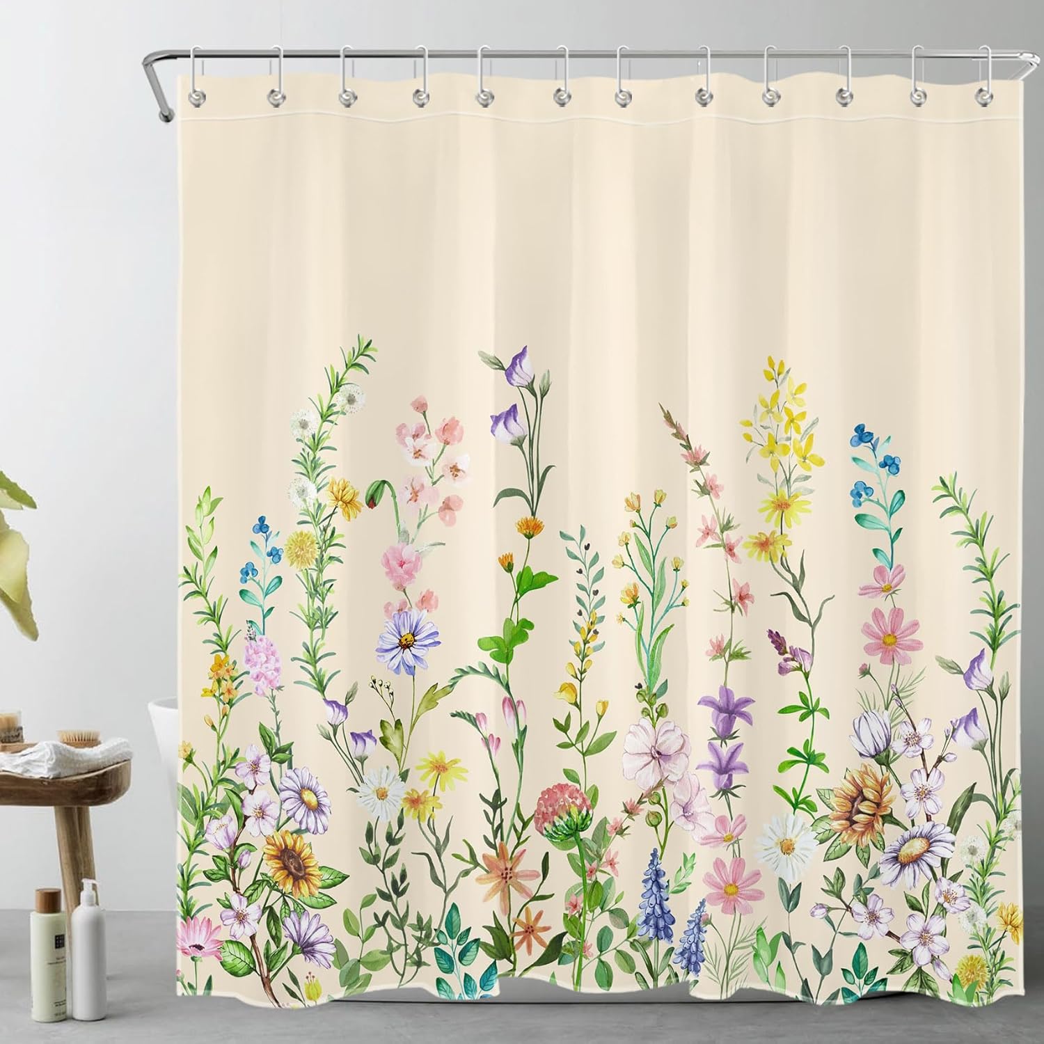 Colorful Flower Shower Curtain for Bathroom,Yellow Sunflower and Green