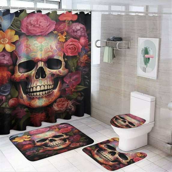 Colorful Flower Skull 4 Pcs Shower Curtain Set with Rug Bathroom Sets with Waterproof Fabric And Non-Slip Rugs Toilet Lid Cover Bath Mat Decor with Hooks